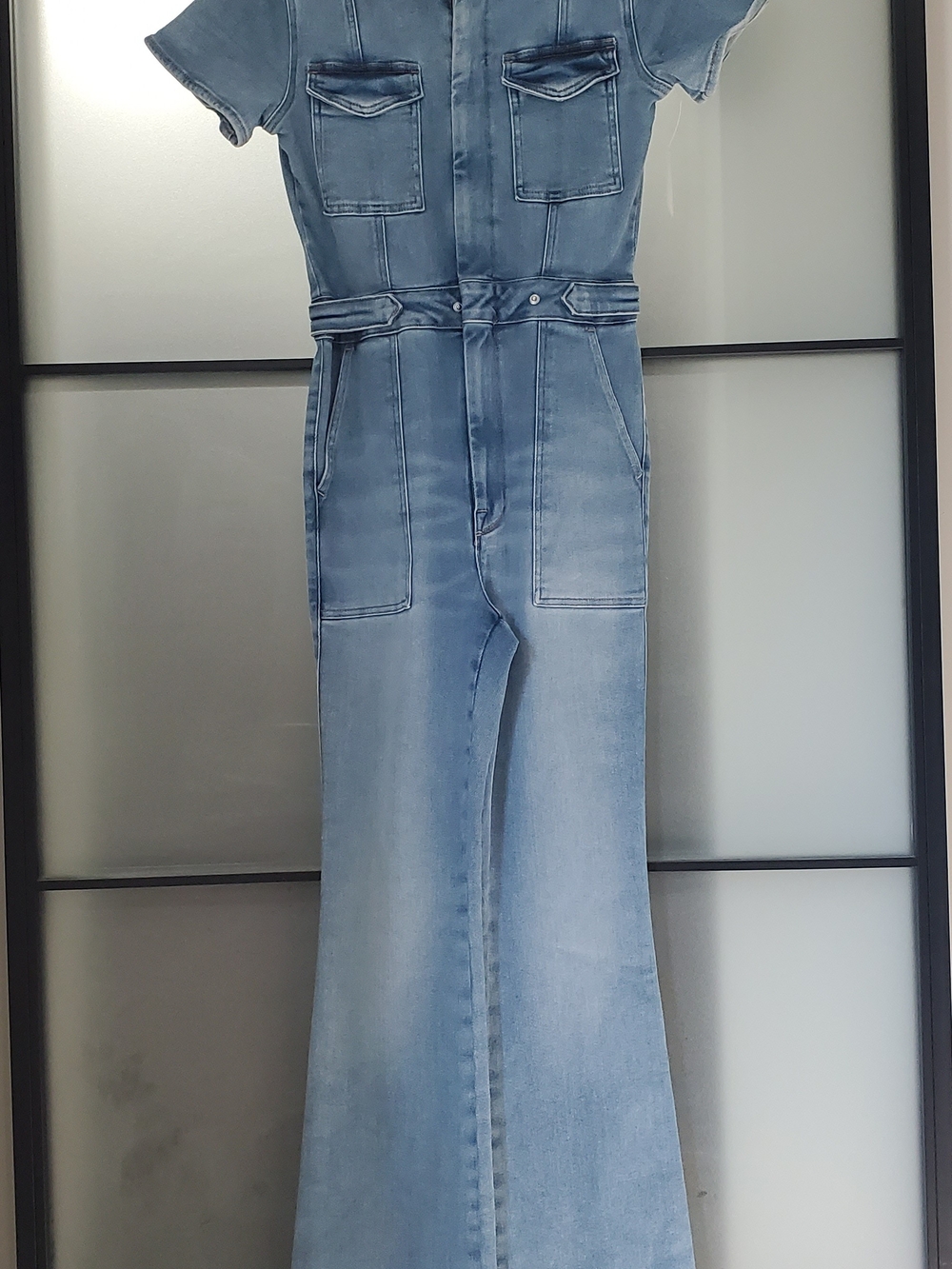 Good American Fit For Success Light Wash Denim Flare Jumpsuit